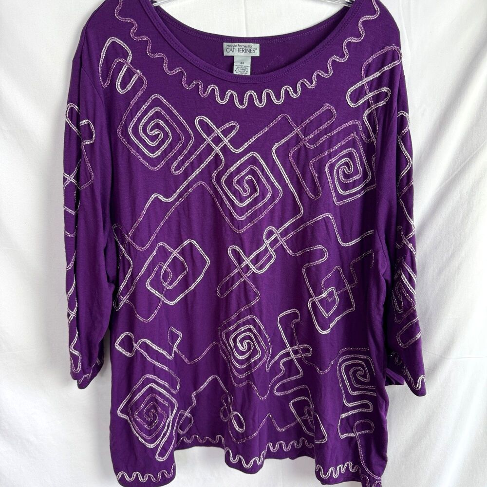 Catherines Women's Knit Top T-Shirt Size 2X Purple w/White Accent 3/4 Sleeves